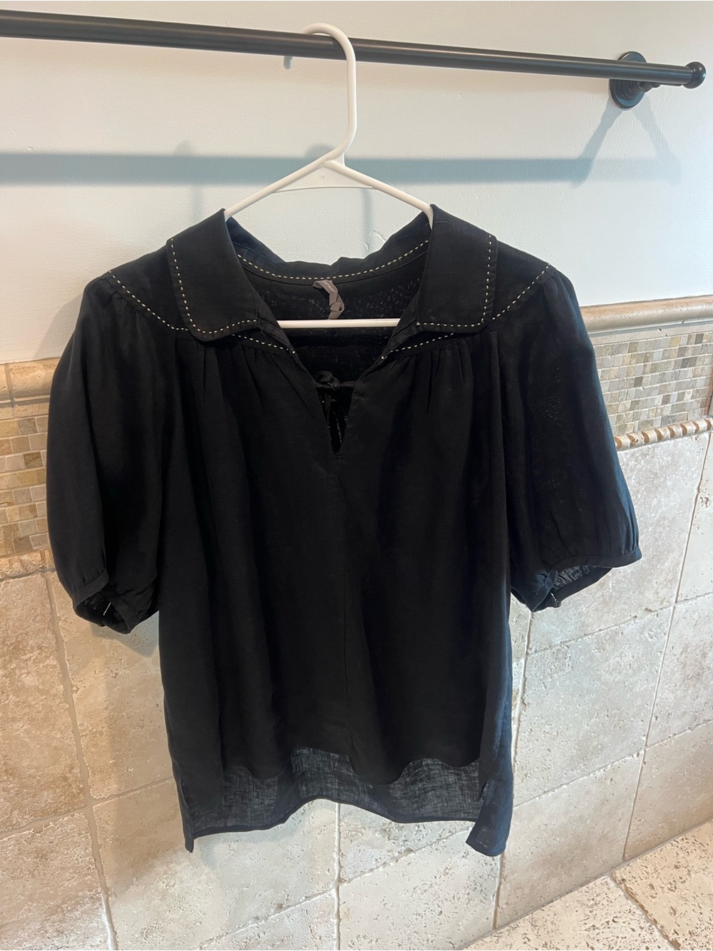 Anthropologie Black Short Puff-Sleeve Blouse with Embroidered Collar